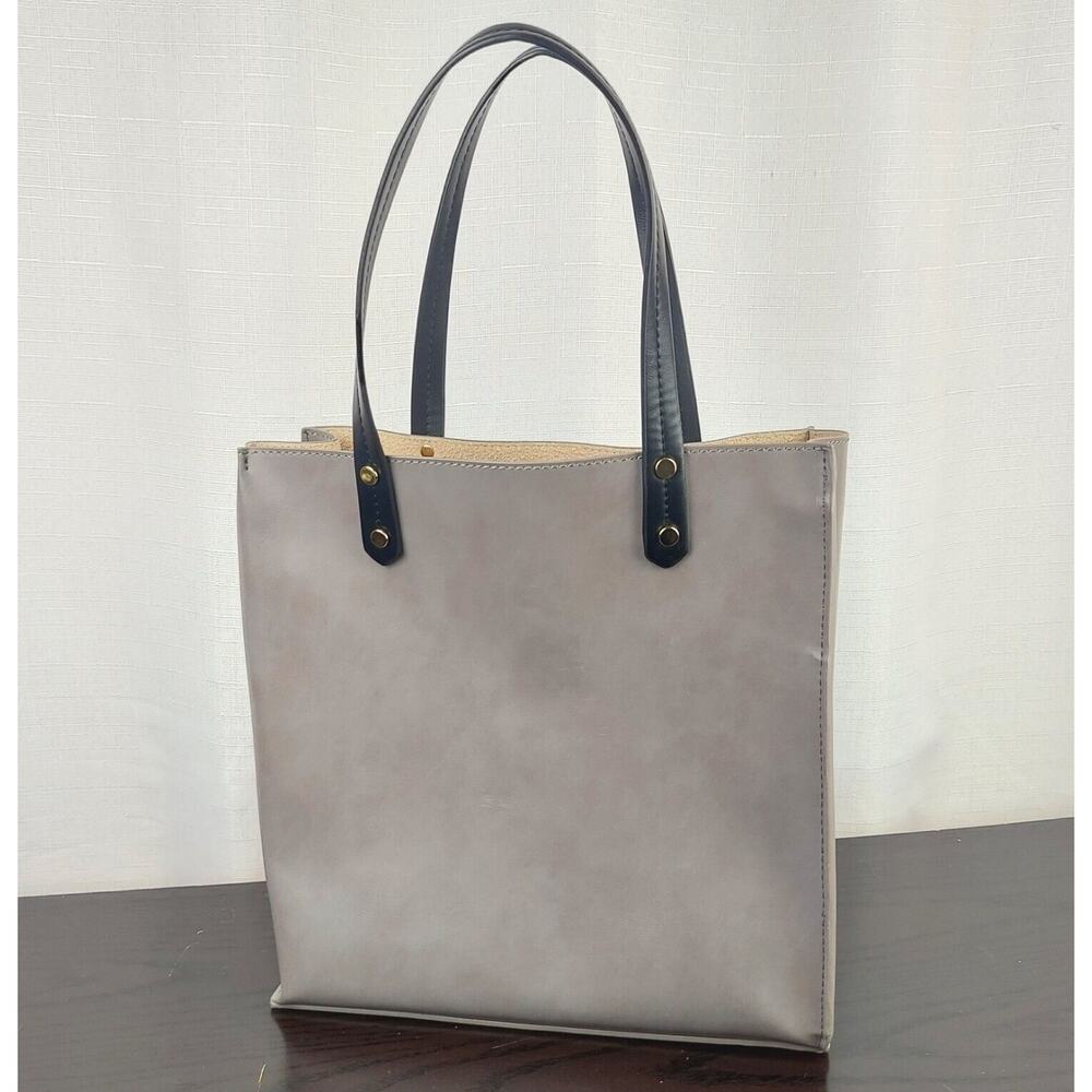 Slate Gray / Black Medium Leather Tote Diagonal Inside Zipper Compartment Pocket